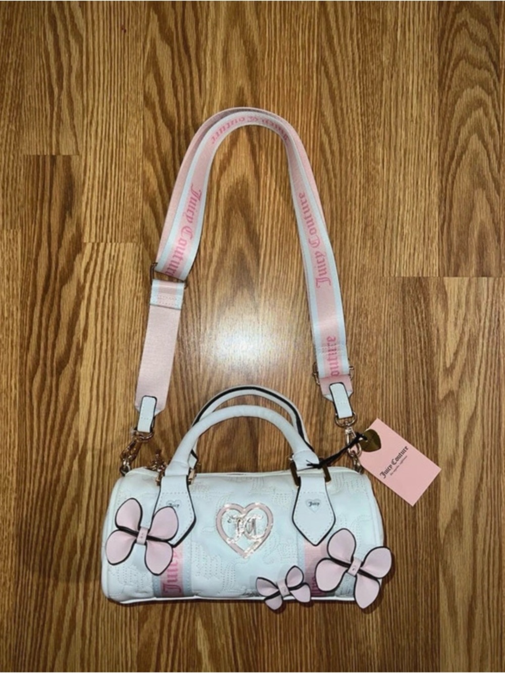 Juicy Couture White & Pink Butterfly Barrel Satchel with Web Strap
